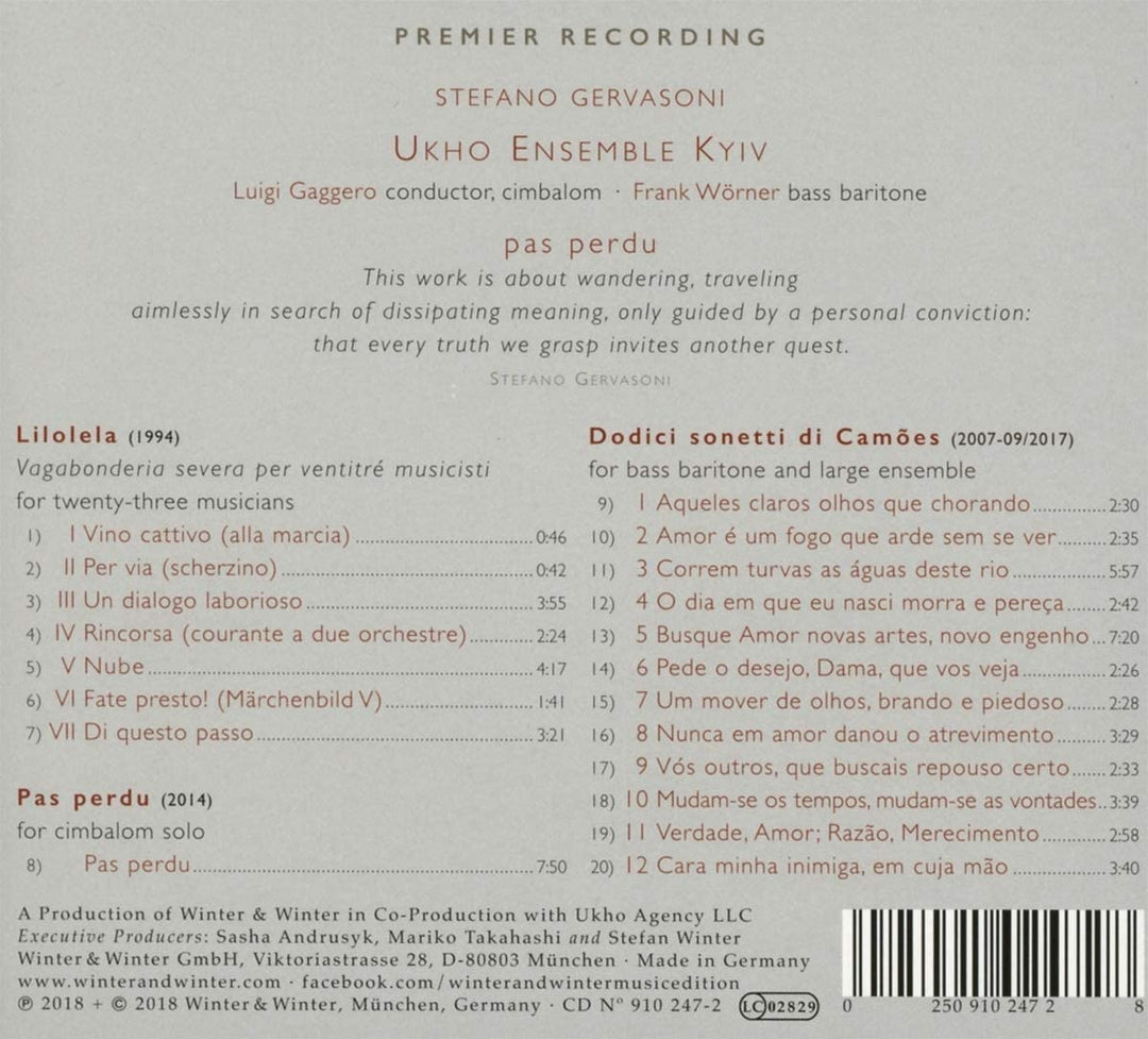 Ukho Ensemble Kiew - Gervasoni: Pas Perdu [Ukho Ensemble Kiew; Luigi Gaggero; Frank Wörner; Luigi Gaggero] [Winter &amp; Winter: 9102472] [Audio CD]