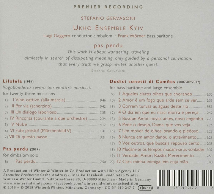 Ukho Ensemble Kyiv - Gervasoni: Pas Perdu [Ukho Ensemble Kyiv; Luigi Gaggero; Frank Wörner; Luigi Gaggero] [Winter & Winter: 9102472]  [Audio CD]