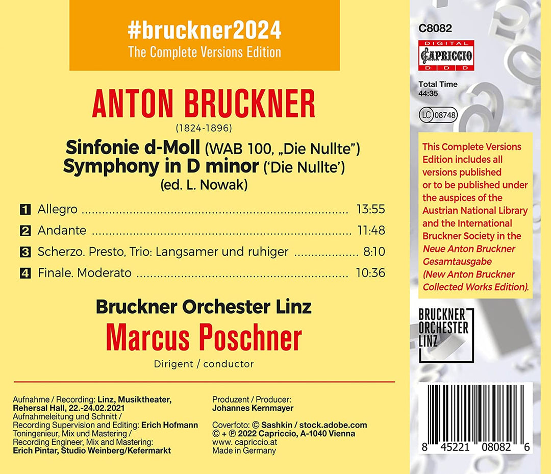 Bruckner: Sinfonie Nr. 0 [Bruckner Orchester Linz; Markus Poschner] [Capriccio: C8082] [Audio CD]