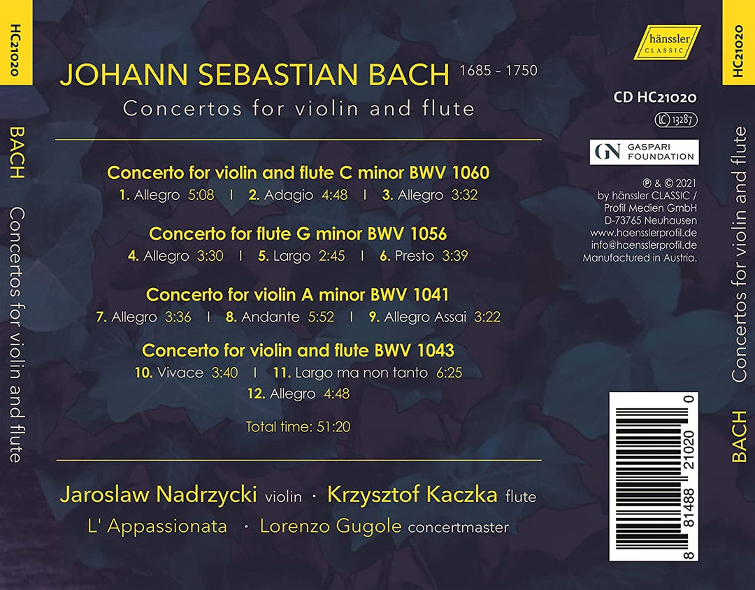 JS Bach: Konzerte [Krzysztof Kaczka; Jaroslaw Nadrzycki; L'Appassionata; Lorenzo Gugole] [Hanssler Classics: HC21020] [Audio CD]