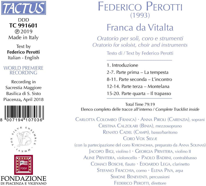 Perotti: Franca Do Vitalta [Carlotta Colombo; Anna Piroli; Cristina Calzolari; Renato Cadel; Vox Silva Ensemble; Federico Perotti] [Tactus: TC 991601] [Audio CD]