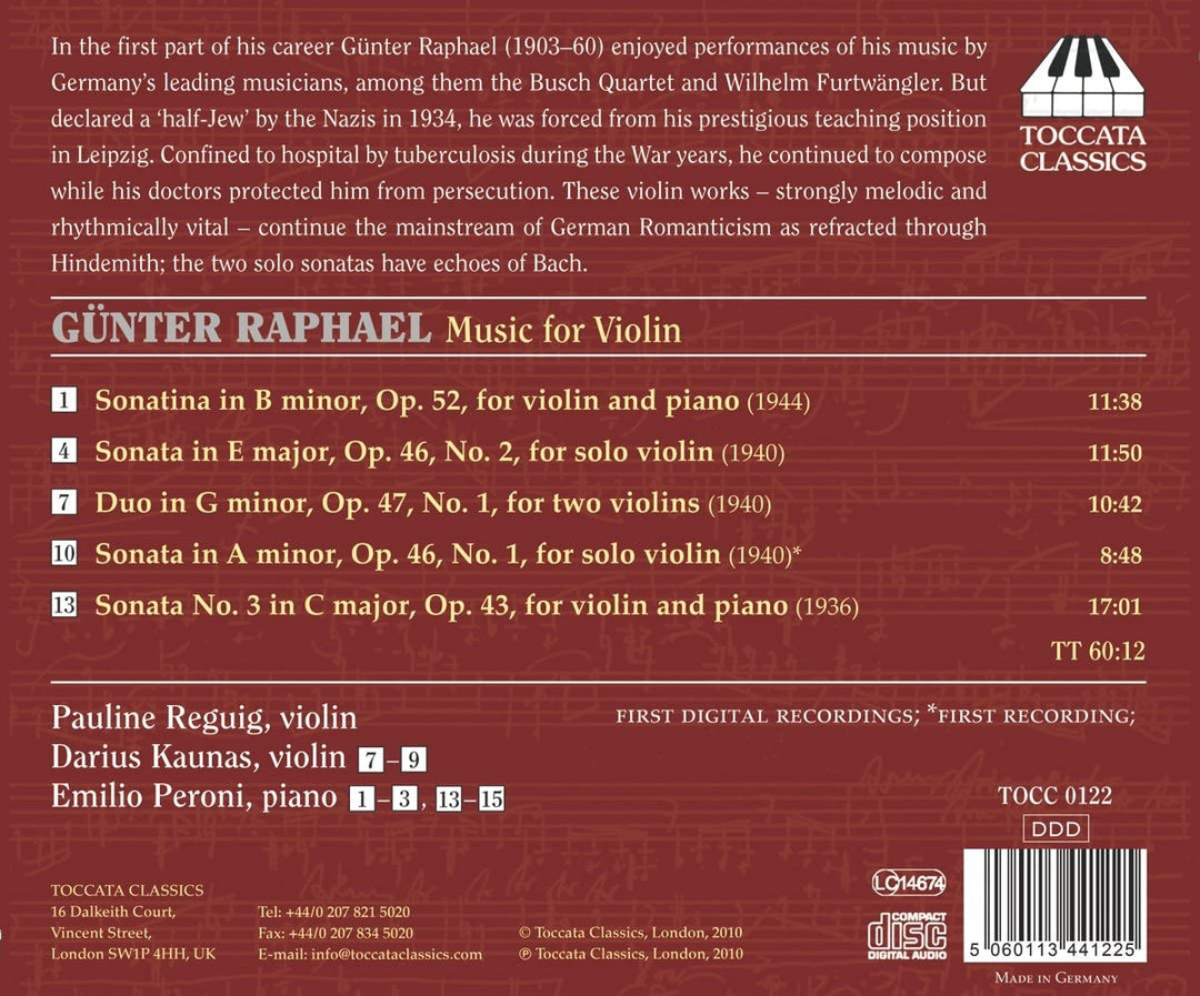 Pauline Reguig - Günter Raphael Musik für Violine (TOCC0122) [Audio CD]