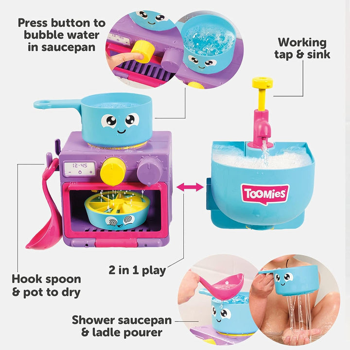 Toomies E73264 Bubble &amp; Bake Badezeit, Baby, Badekleinkinder, Seifenblasen-Spielzeug zum Thema Küche, 2-in-1-Set, Wasserspiel für Kinder, geeignet für 18 Monate und 2, 3 und 4 Jahre alte Jungen und Mädchen, mehrfarbig