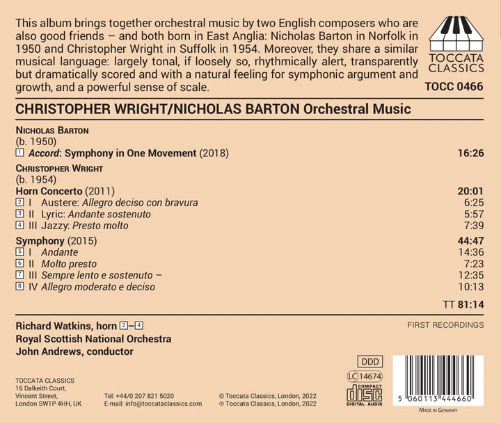 Wright; Barton: Orchestermusik [Richard Watkins; Royal Scottish National Orchestra; John Andrews] [Toccata Classics: TOCC 0466] [Audio CD]