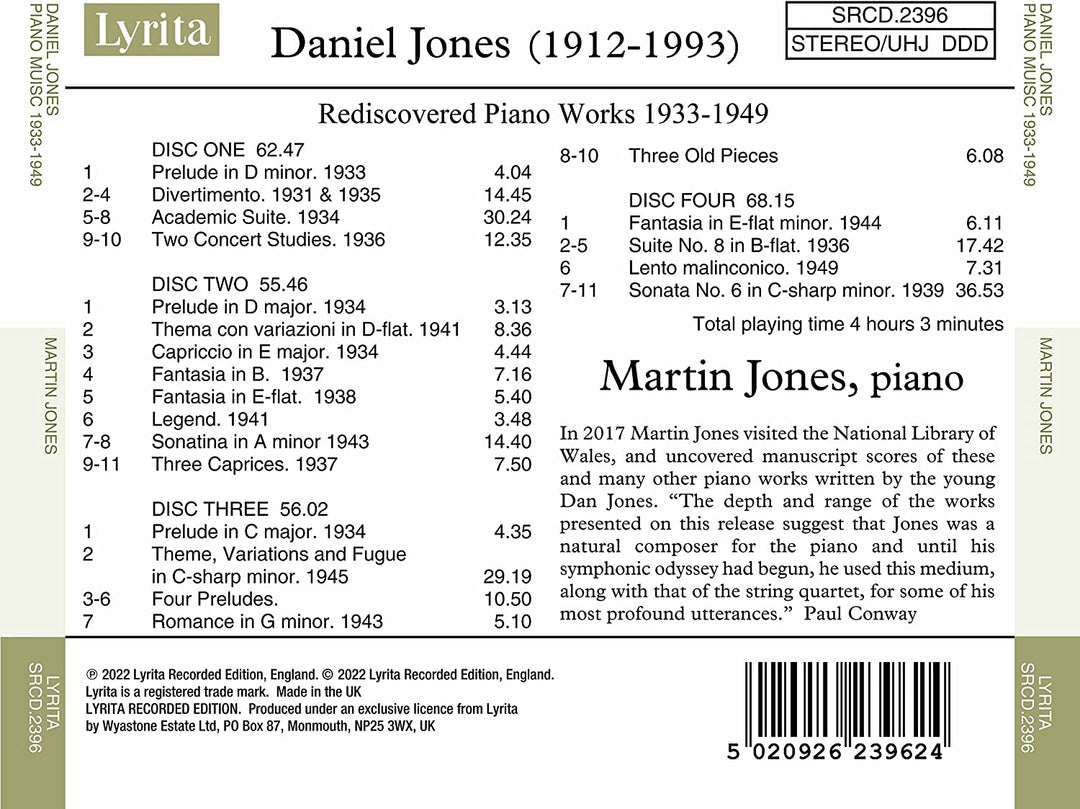 Daniel Jones: Rediscovered Piano Works [Audio CD]