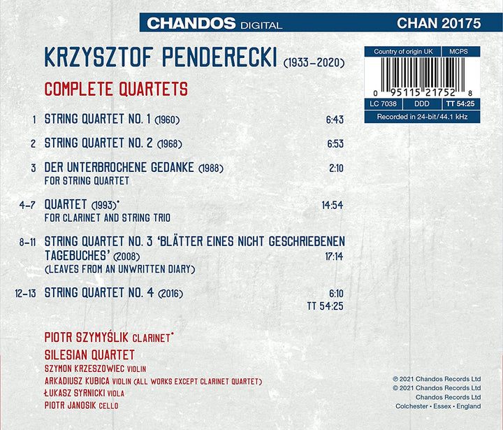 Piotr Szymyślik - Penderecki: Sämtliche Quartette [Piotr Szymyślik; Schlesisches Quartett] [Chandos Records: CHAN 20175] [Audio CD]