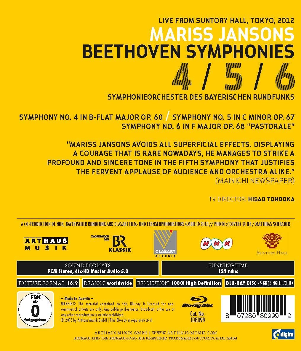 Beethoven:Sinfonien 4,5 &amp; 6 [Symphonieorchester des Bayerischen Rundfunks, Mariss Jansons] [Arthaus [2016] [Blu-ray]