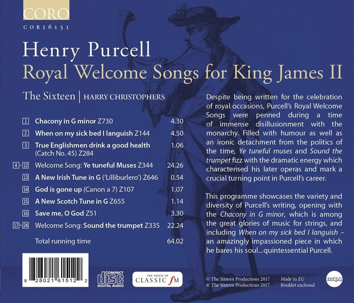 Die Sechzehn – Henry Purcell: Königliche Willkommenslieder für König James II. [Die Sechzehn; Harry Christophers] [Coro: COR16151] [Audio CD]