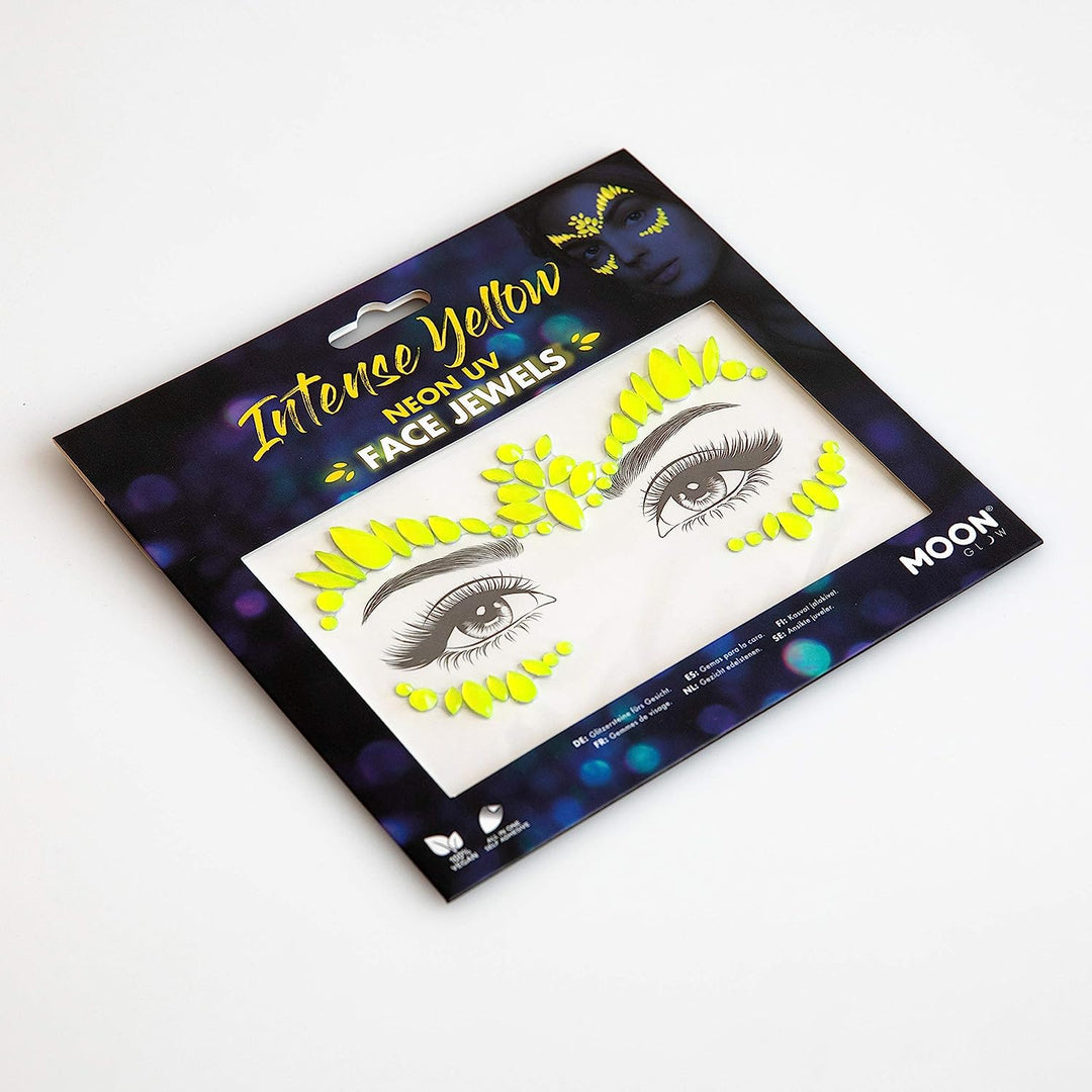 Neon-UV-Gesichtsjuwelen von Moon Glow – Festival-Gesichts- und Körperedelsteine, Kristall-Make-up-Augen-Glitzeraufkleber, temporäre Tattoo-Juwelen (Intensives Gelb)