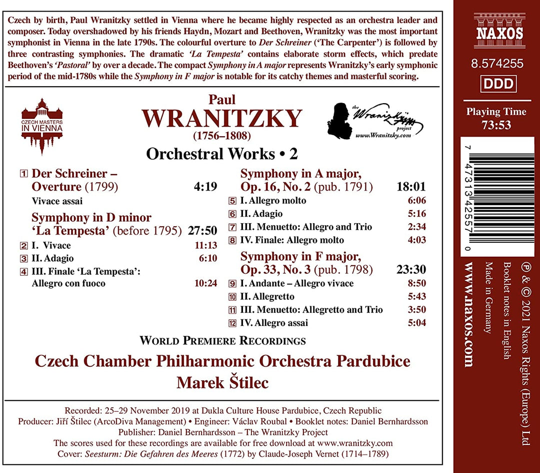 Wranitzky: Orchesterwochen 2 [Tschechisches Kammerphilharmonieorchester Paradubice; Marek Stilec] [Naxos: 8574255] [Audio CD]