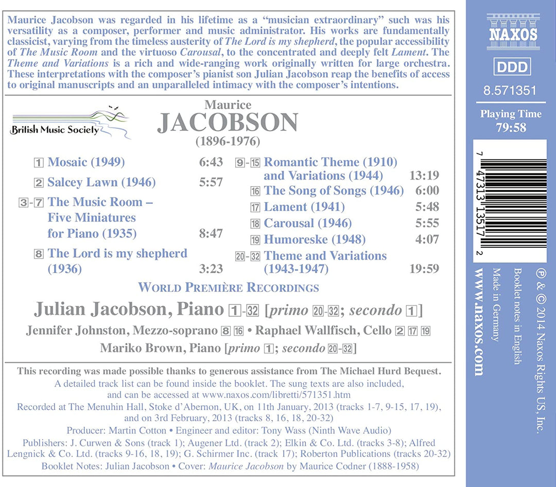 Julian Jacobson - Jacobson: Theme & Variations [Julian Jacobson, Jennifer Johnston] [Naxos: 8571351] [Audio CD]