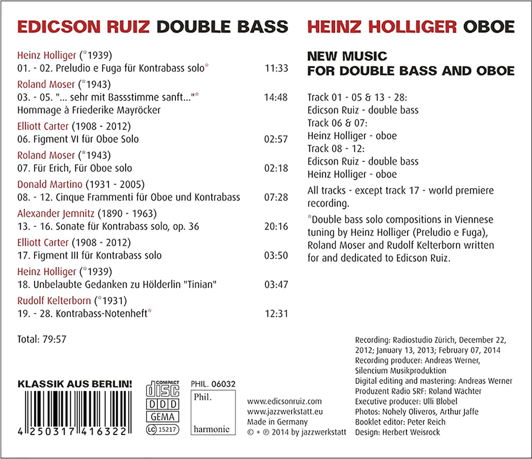 Edicson Ruiz &amp; Heinz Holliger – Neue Musik für Kontrabass und Oboe [Audio-CD]