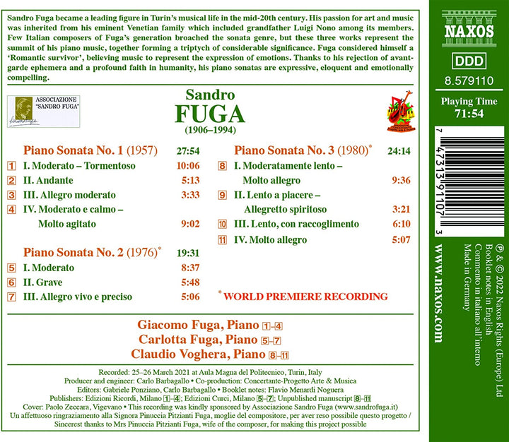 Fuga: Klaviersonaten 1 - 3 [Giacomo Fuga; Carlotta Fuga; Claudio Voghera] [Audio-CD]