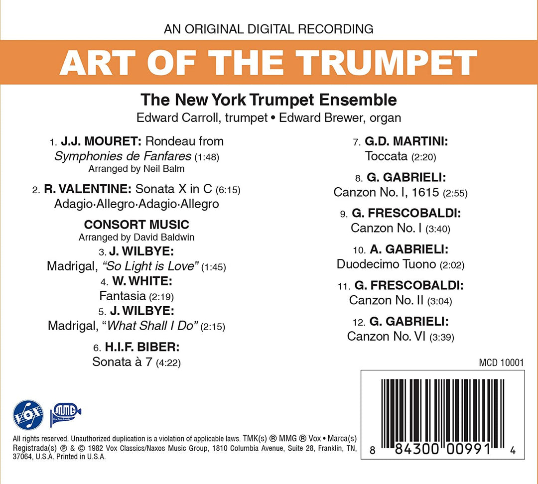 Das Ny Ensemble – Heinrich Ignaz Franz Biber; Girolamo Frescobaldi; Giovanni Gabrieli; Giovanni Battista Martini; Jean-Joseph Mouret: Kunst der Trompete [The Ny Ensemble; Carroll; Brewer] [Vox Classics: M 10001] [Audio CD]