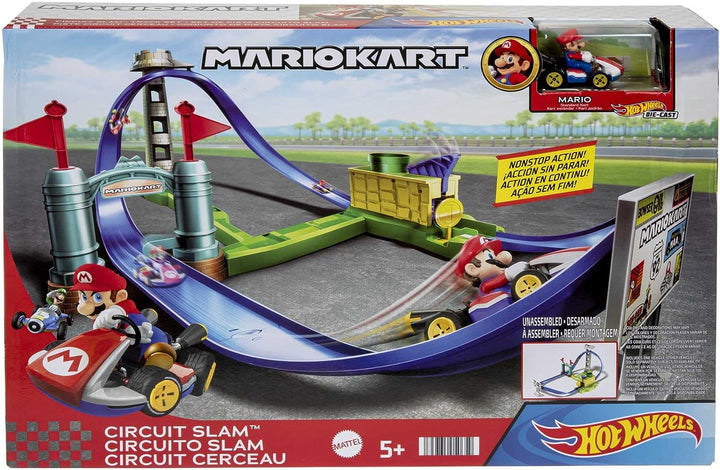 ?Hot Wheels Mario Kart Circuit Slam Track Set mit Mario Kart Fahrzeug, Videospiel