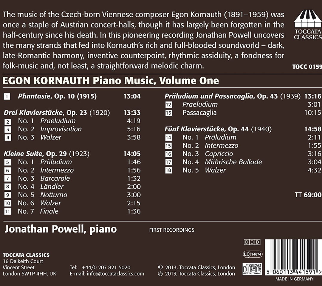 Kornauth: Klaviermusik Vol. 1 (Phantasie, Op.10) (Jonathan Powell) (Toccata Classics: TOCC 0159) [Audio CD]