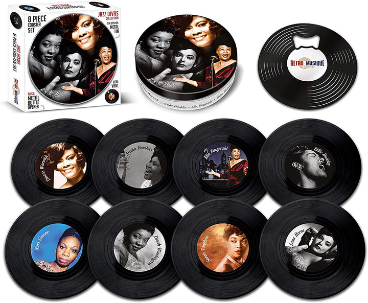 Jazz Divas – 8-teiliges Mini-Schallplatten-Untersetzer-Set mit Dose und magnetischem Flaschenöffner von Retro Musique