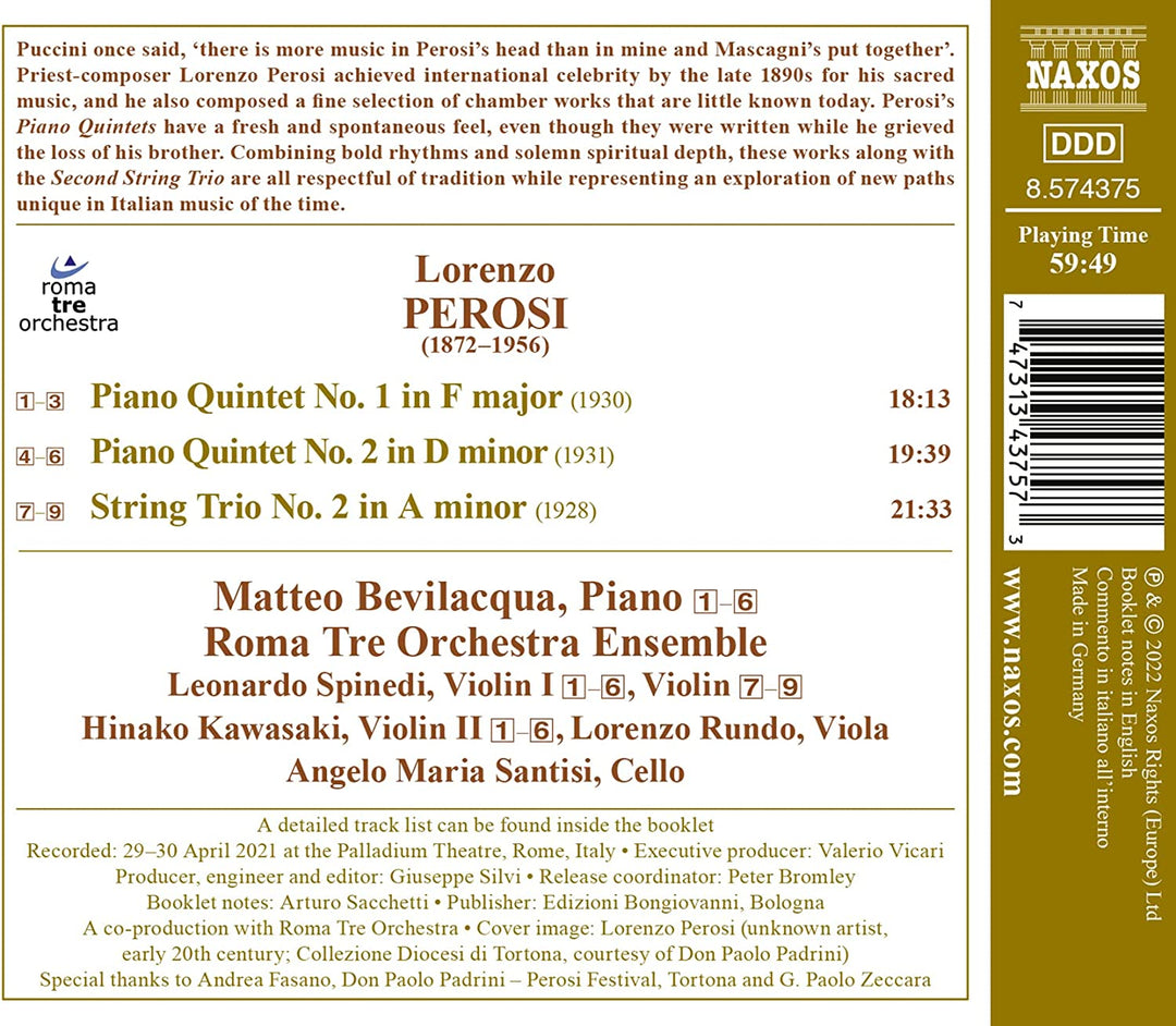 Perosi: Klavierquintette Nr. 1 und 2 [Matteo Bevilacqua; Roma Tre Orchestra Ensem [Audio CD] 