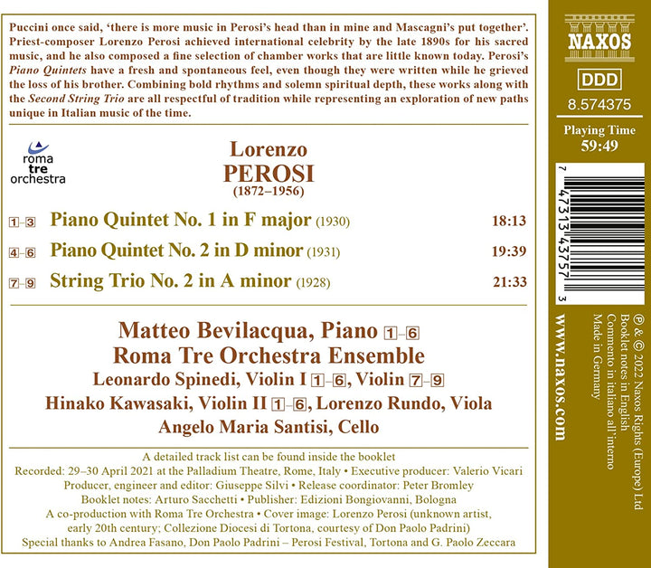 Perosi: Klavierquintette Nr. 1 und 2 [Matteo Bevilacqua; Roma Tre Orchestra Ensem [Audio CD] 