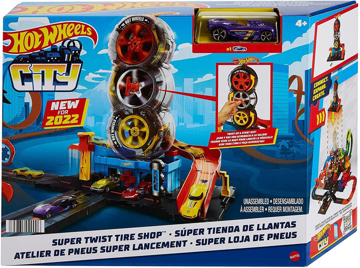 Hot Wheels City Super Twist Tire Shop Playset, Spin the Key to Make Cars Travel