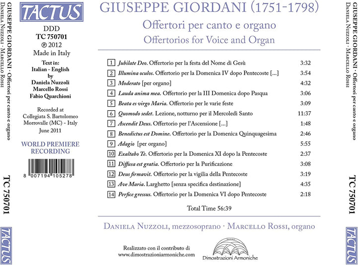 Giuseppe Giordani: Offertori Per Canto E Organo [Audio CD]