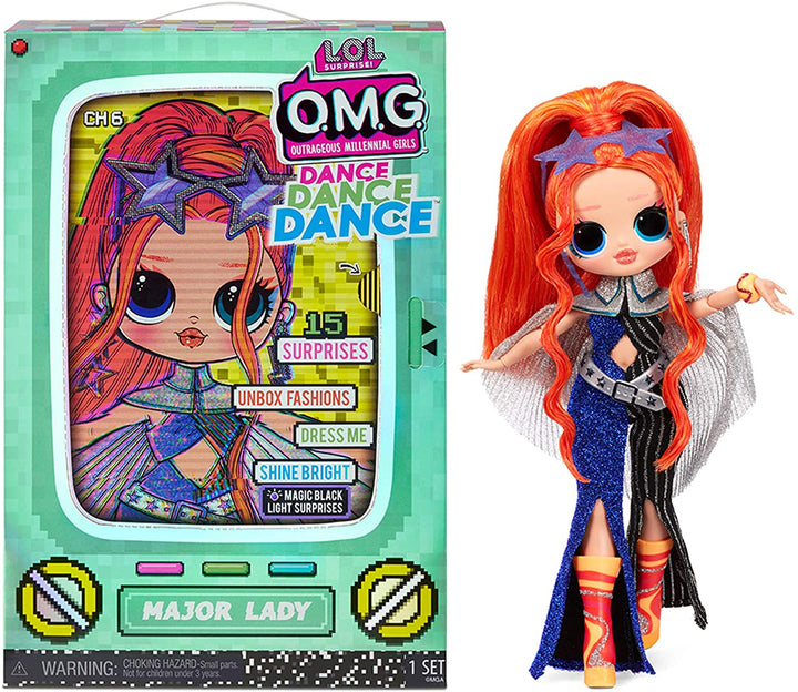 LOL Surprise OMG Dance Dance Dance Major Lady Fashion Doll, mit 15 Überraschungen, Designerkleidung, Magischem Schwarzlicht, Modeaccessoires, Schuhen, Modepuppenständer und TV-Paket