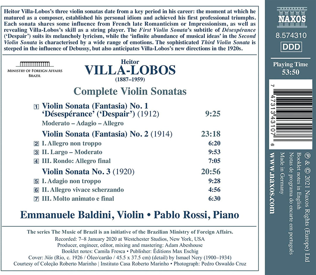 Emmanuele Baldini - Villa-Lobos: Sämtliche Violinsonaten [Emmanuele Baldini; Pablo Rossi] [Naxos: 8574310] [Audio CD]