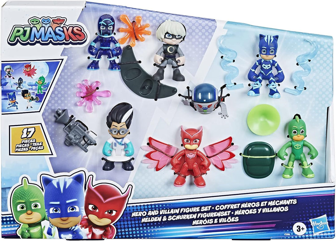 PJ MASKS F2096 Helden- und Bösewicht-Set, Vorschulspielzeug, 7 Actionfiguren mit 10 Zubehörteilen, ab 3 Jahren