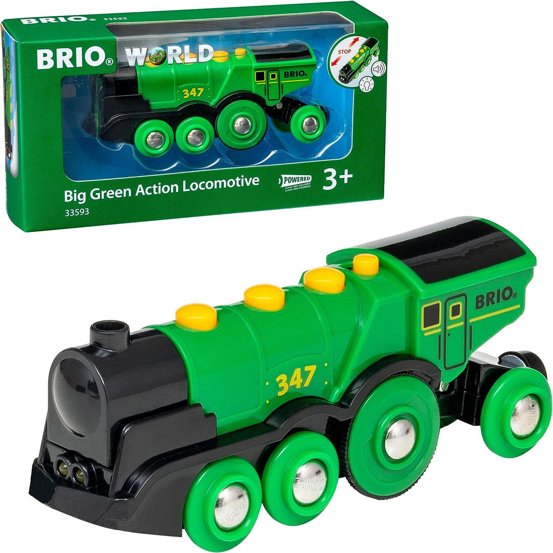 BRIO World Big Green Action-Lokomotive, batteriebetriebener Holzzug für Kinder ab 3 Jahren – kompatibel mit allen BRIO-Eisenbahnsets und Zubehör