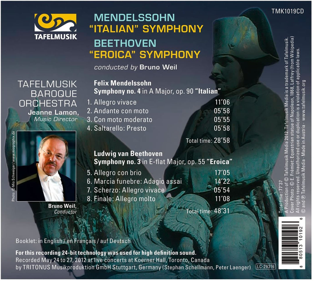 Eroica-Symphonie/ Italienische Symphonie (Symphonie Nr. 3/ 4) (Tafelmusik Barockorchester und Kammerchor/ Bruno Weil) (Tafelmusik: TMK10 [Audio-CD]