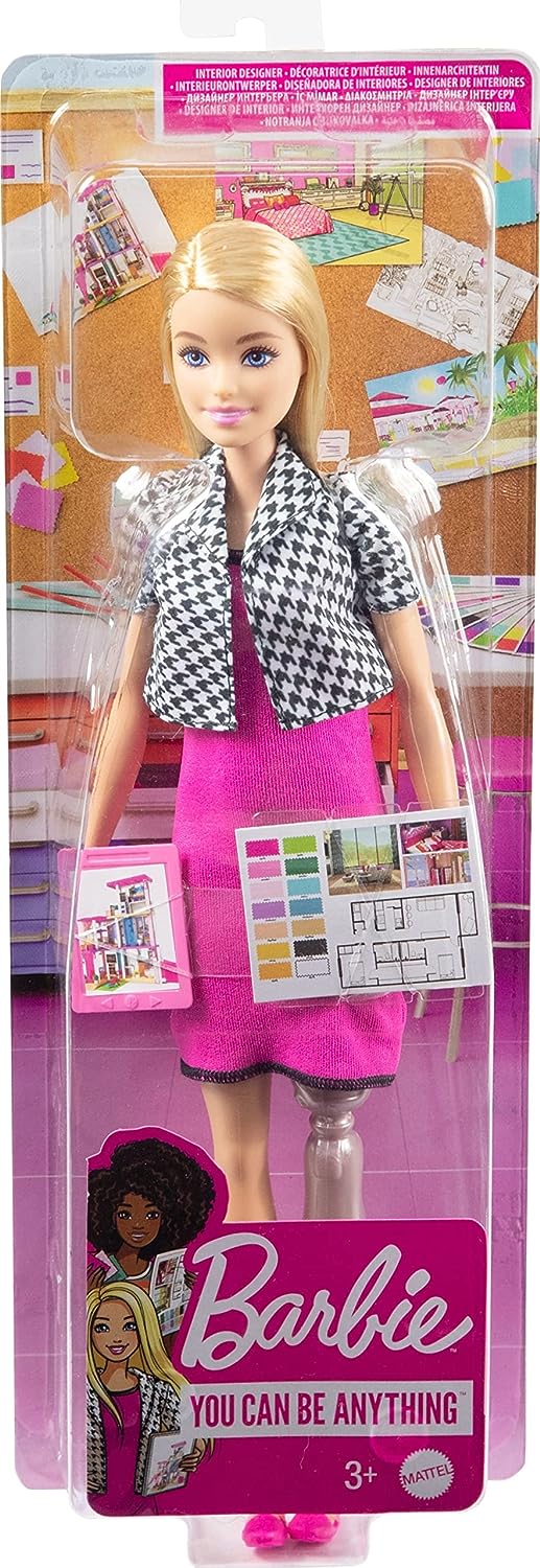 Barbie-Innenarchitektenpuppe, blond, rosa Kleid und Jacke mit Hahnentrittmuster, Prothese