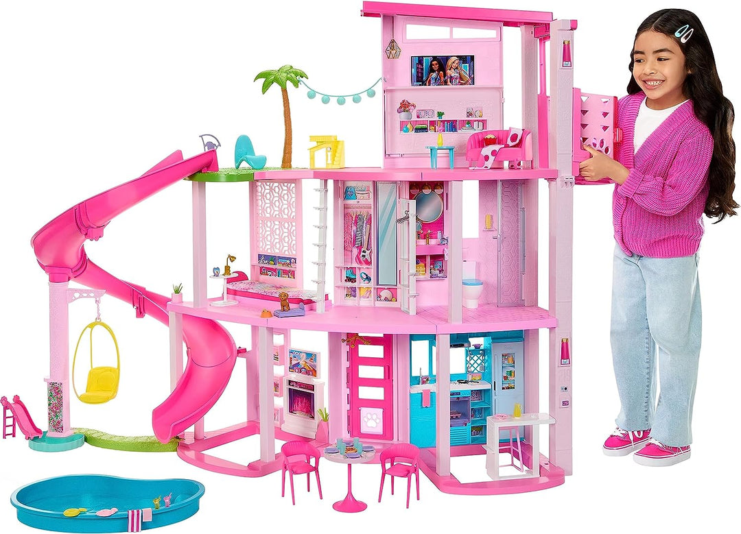 ?Barbie Dreamhouse, Poolparty-Puppenhaus mit mehr als 75 Teilen und 3-stöckiger Rutsche, Bar