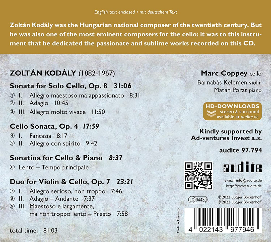 Kodaly: Kammermusik für Cello [Audio CD]