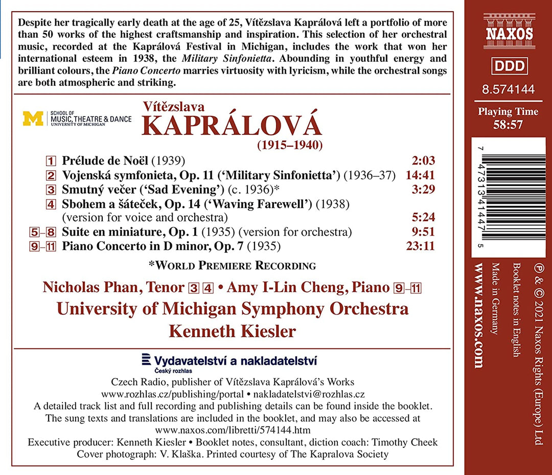 Kapralova: Winken zum Abschied [Amy I-Lin Cheng; Nicholas Phan; Symphonieorchester der Universität Michigan; Kenneth Kiesler] [Naxos: 8574144] [Audio CD]