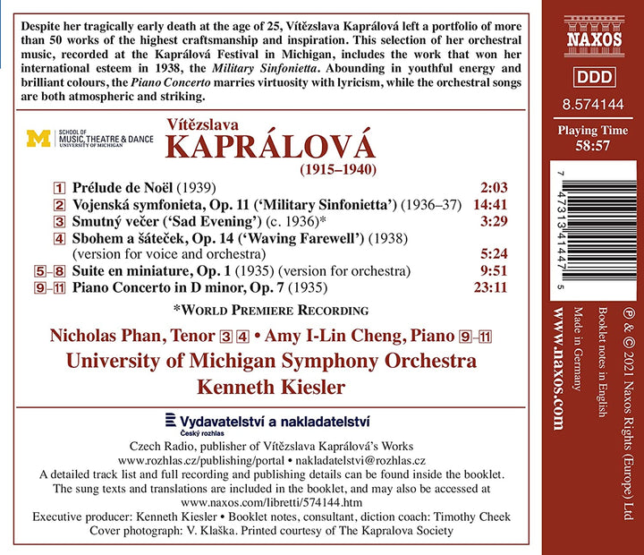 Kapralova: Winken zum Abschied [Amy I-Lin Cheng; Nicholas Phan; Symphonieorchester der Universität Michigan; Kenneth Kiesler] [Naxos: 8574144] [Audio CD]