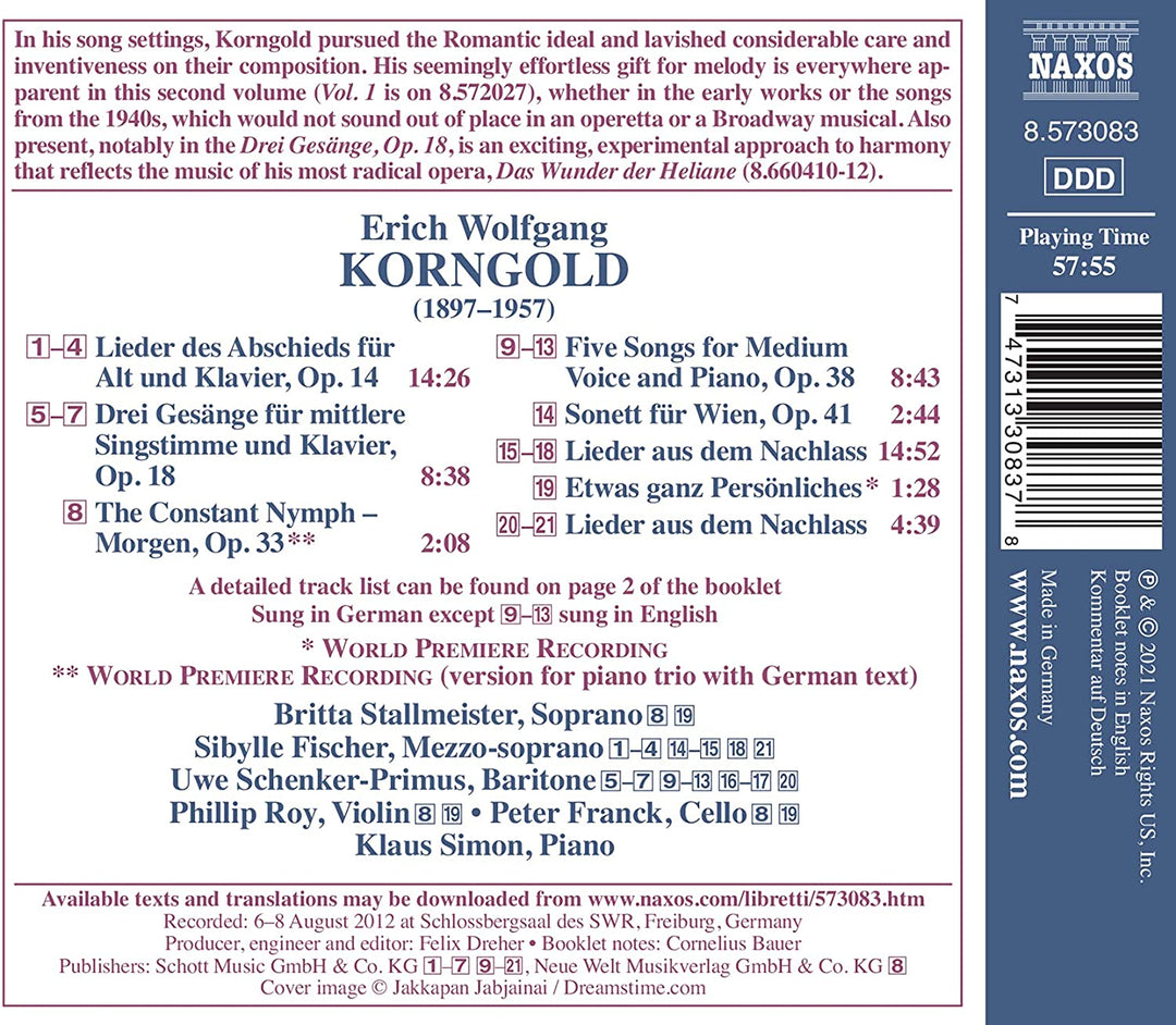 Korngold: Lieder Vol.2 [Sibylle Fischer; Uwe Schenker-Primus; Britta Stallmeister; Phillip Roy; Peter Franck; Klaus Simon] [Naxos: 8573083] [Audio CD]