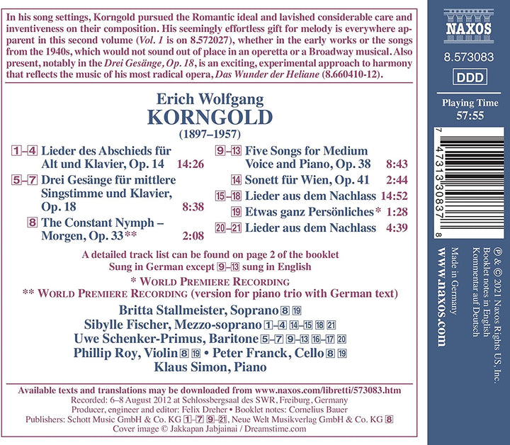 Korngold: Lieder Vol.2 [Sibylle Fischer; Uwe Schenker-Primus; Britta Stallmeister; Phillip Roy; Peter Franck; Klaus Simon] [Naxos: 8573083] [Audio CD]