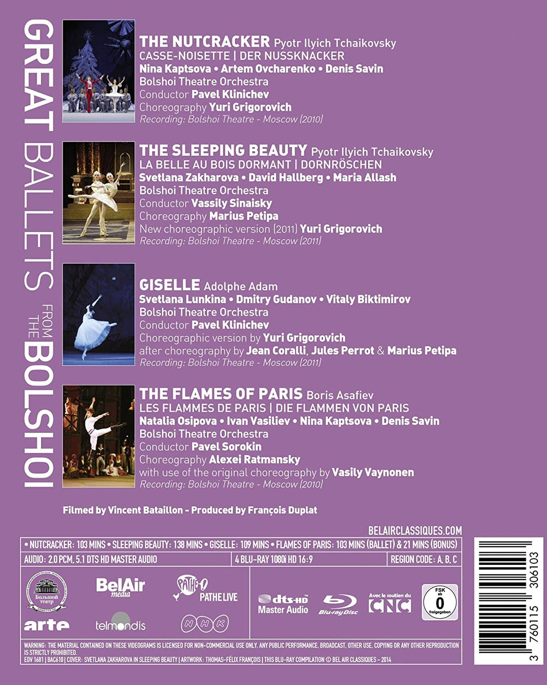 Große Ballette aus dem Bolschoi (Der Nussknacker, Dornröschen, Giselle, Die Flammen von Paris) [Blu-ray]