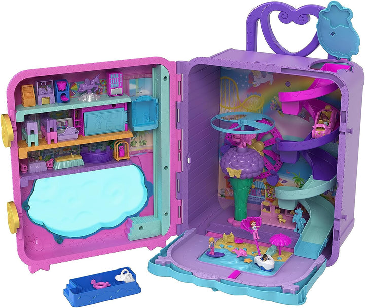 Polly Pocket-Puppen, Spielset und Reisespielzeug, 4 Puppen, 1 Fahrzeug, 25+ Zubehörteile