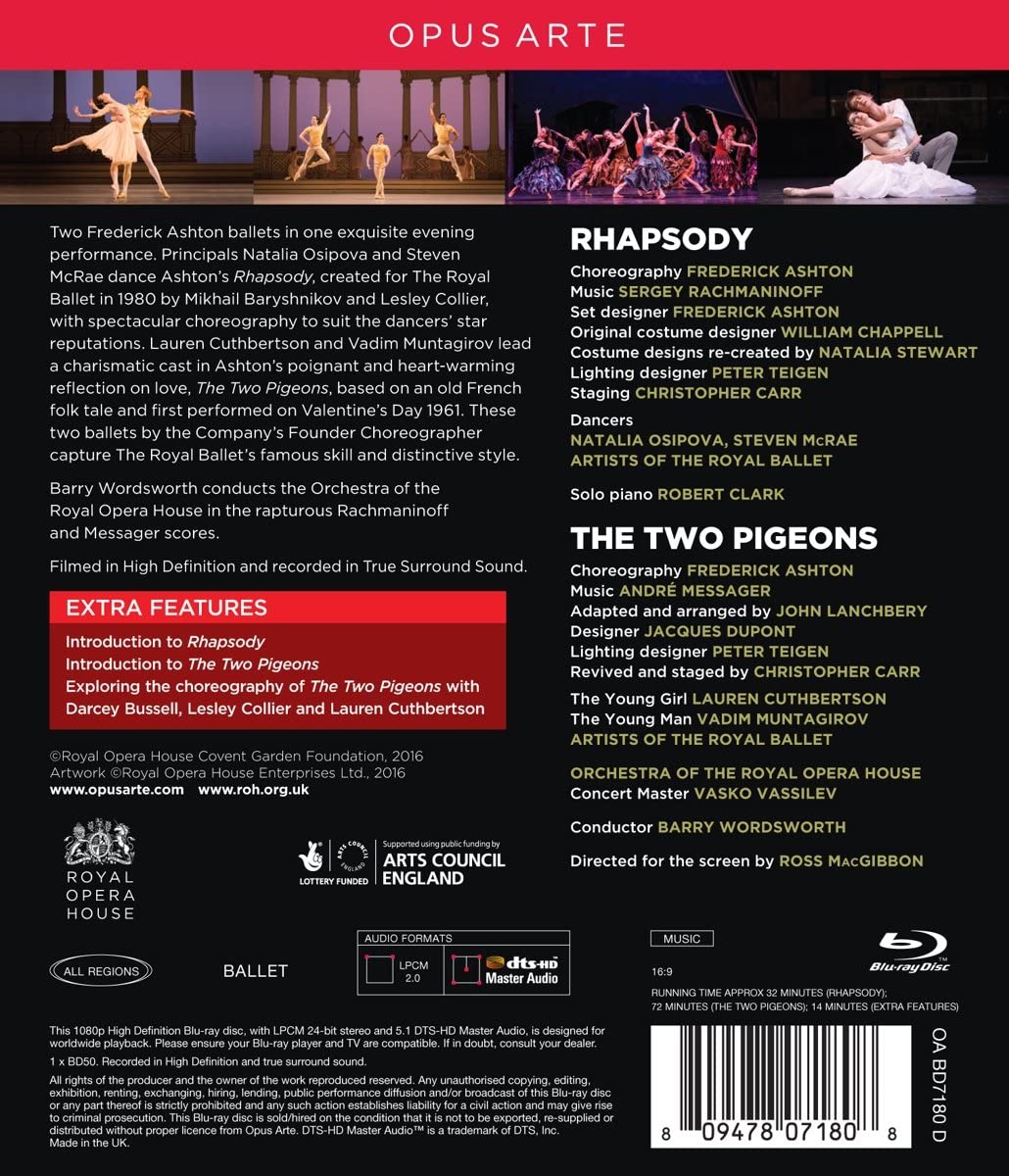 Ashton:Rhapsody [Natalia Osipova; Steven Mcrae; Lauren Cuthberton; Vadim Muntagirov; Orchestra of the Royal Opera House, Barry Wordsworth ] [Opus Arte: OABD7180D] [2016]  -[Blu-Ray]