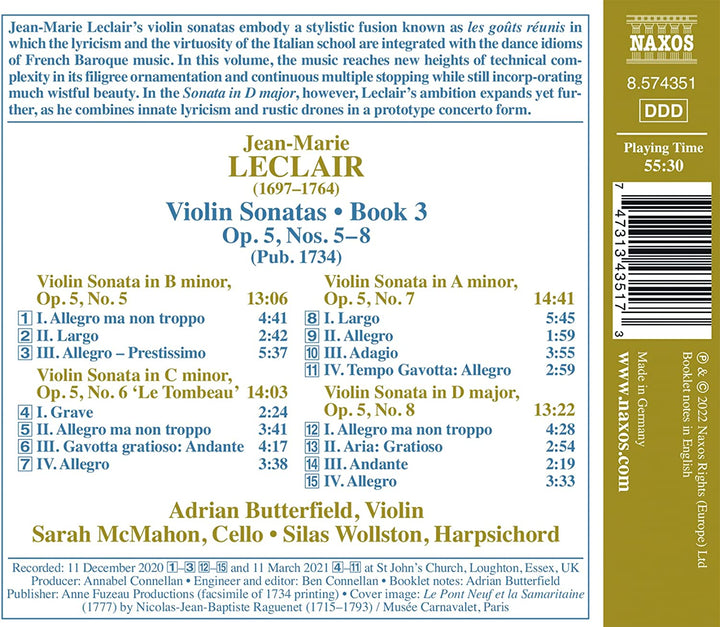 Leclair: Violinsonaten Buch 3 [Adrian Butterfield; Sarah McMahon; Silas Wollston [Audio-CD]