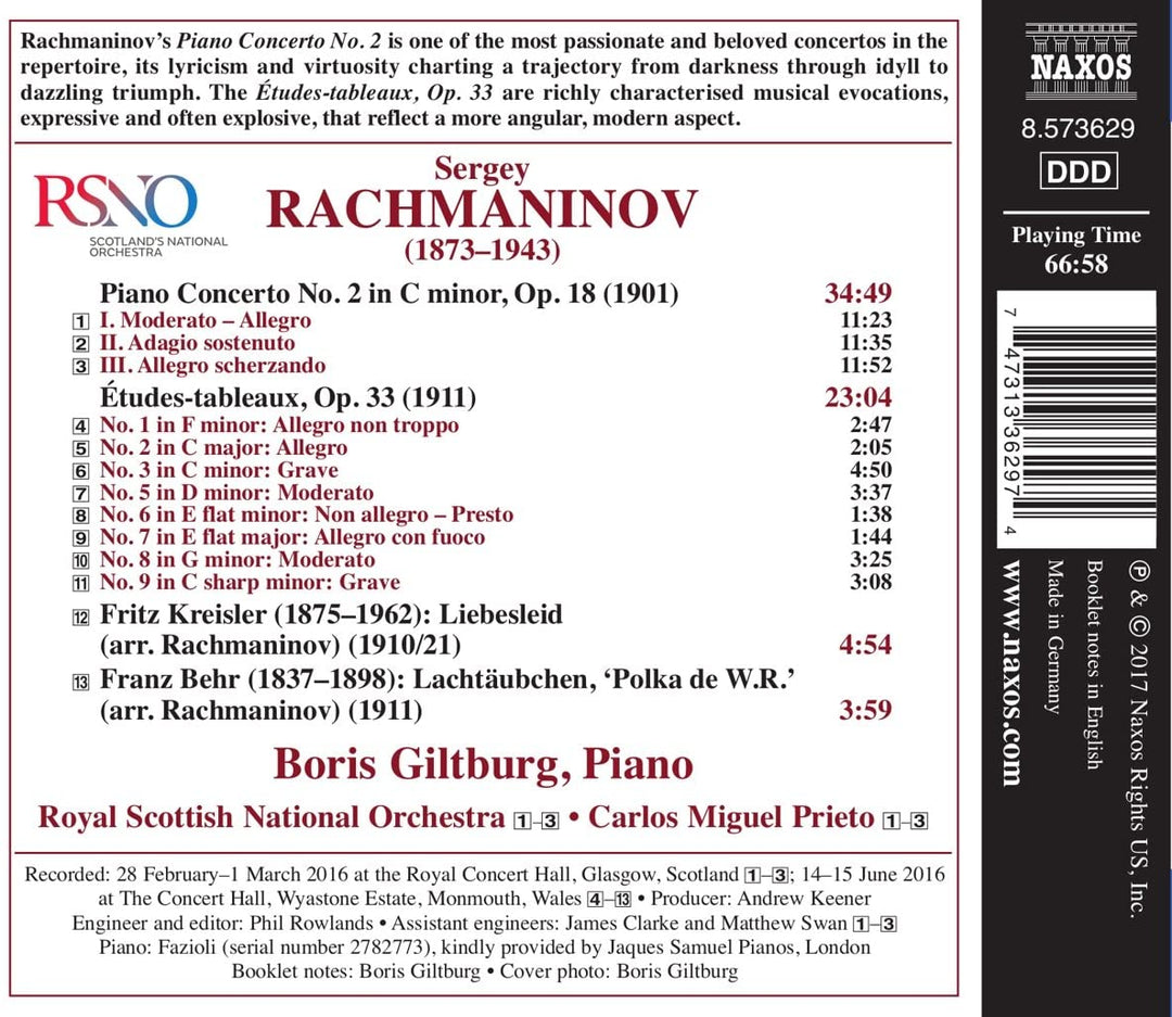 Sergei Rachmaninow: Klavierkonzert Nr. 2, Etüden-Tableaux Op. 33 [Boris Giltburg, Royal Scottish National Orchestra; Carlos Miguel Prieto] [Naxos: 8573629] – Royal Scottish National Orchestra [Audio CD]