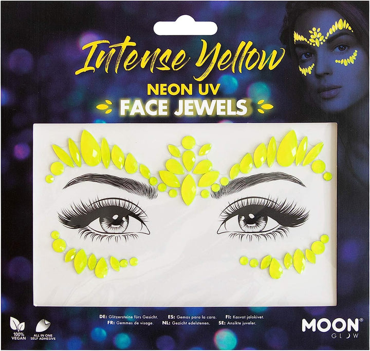 Neon-UV-Gesichtsjuwelen von Moon Glow – Festival-Gesichts- und Körperedelsteine, Kristall-Make-up-Augen-Glitzeraufkleber, temporäre Tattoo-Juwelen (Intensives Gelb)