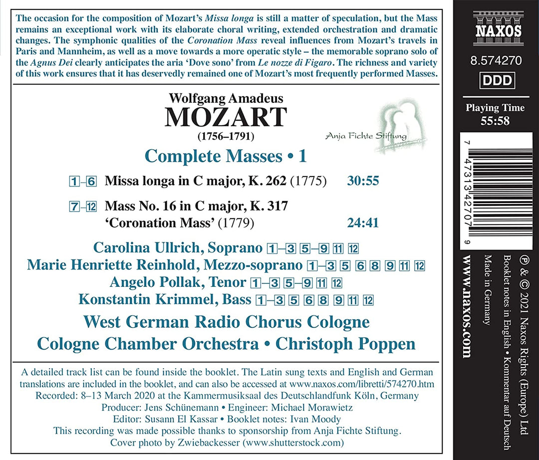 Mozart: Messen Vol.1 [Carolina Ullrich; Marie Henriette Reinhold; Angelo Pollak; Christoph Poppen] [Naxos: 8574270] [Audio CD]