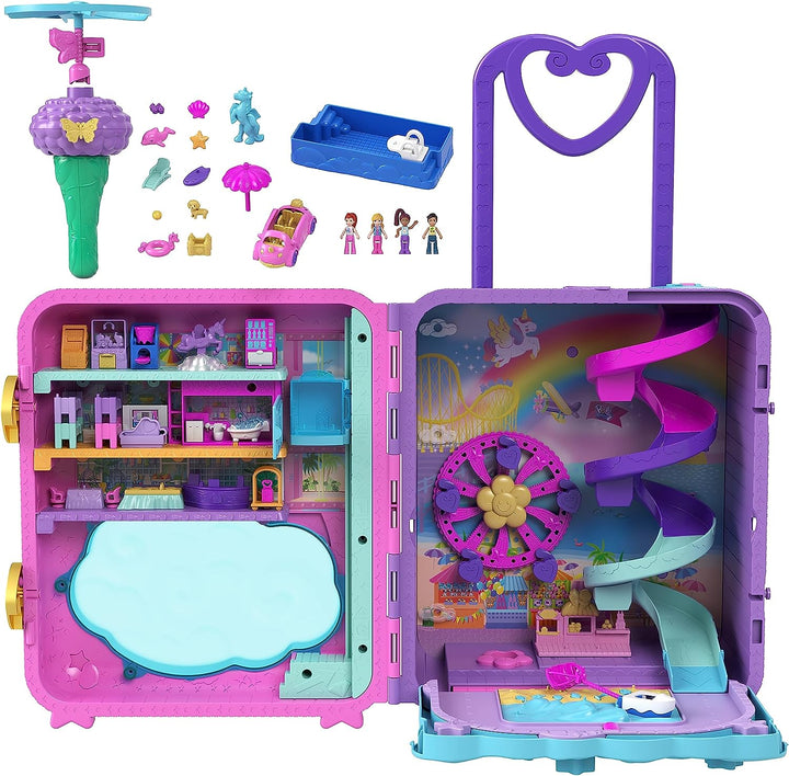 Polly Pocket-Puppen, Spielset und Reisespielzeug, 4 Puppen, 1 Fahrzeug, 25+ Zubehörteile