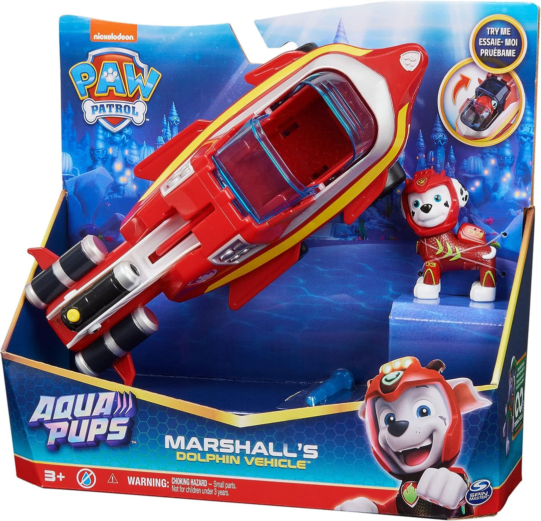 Paw Patrol Aqua Pups Marshall verwandelndes Delfinfahrzeug mit Sammlerstücken