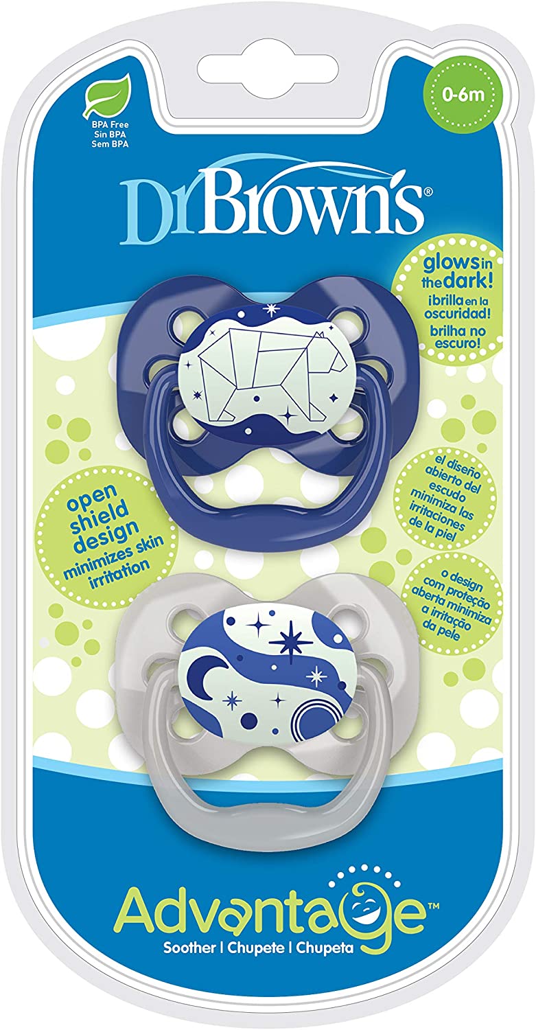Dr. Brown's Advantage Glow in the Dark Soother - Stage 1 (0-6 months) Blue 2 pac