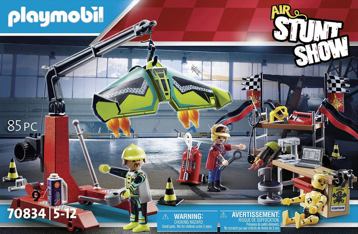 PLAYMOBIL Air Stunt Show 70834 Servicestation, Spielzeugflugzeugwerkstatt, Flugzeugspielzeug für Kinder ab 5 Jahren