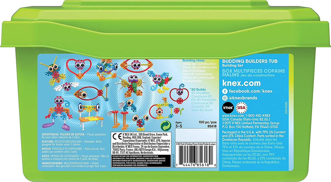 Kid K'NEX 85618 50 Build Budding Builders Set, Kinder-Bastelset mit 100 Teilen, Lernspielzeug für Kinder, lustiges und farbenfrohes Bauspielzeug für Jungen und Mädchen, Konstruktionsspielzeug für Kinder ab 3 Jahren