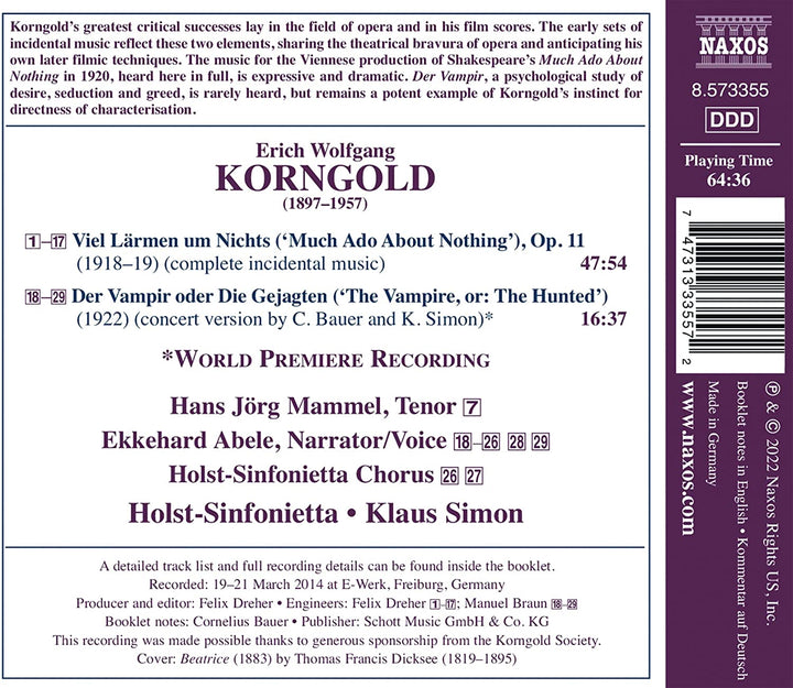 Korngold: Bühnenmusik [Hans Jörg Mammel; Ekkehard Abele; Holst-Sinfonietta; Klaus Simon] [Naxos: 8573355] [Audio CD]